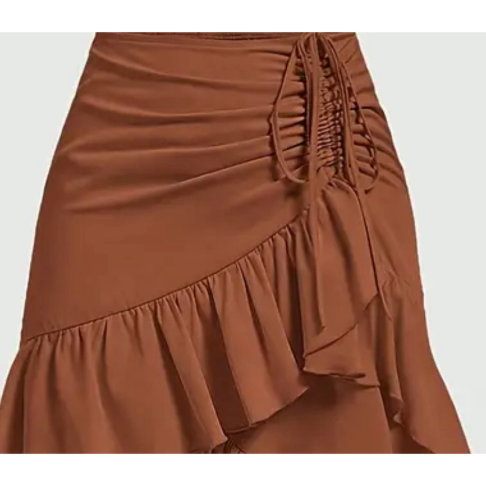 Bohemian Western Skirt Cinch Ruched Drawstring Brown Terracotta Rodeo Skirts - Picture 3 of 11